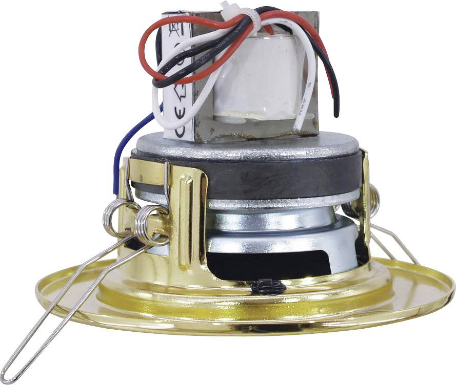 Un petit haut-parleur circulaire avec plusieurs fils et un support doré, adapté pour les installations ou réparations d'appareils.