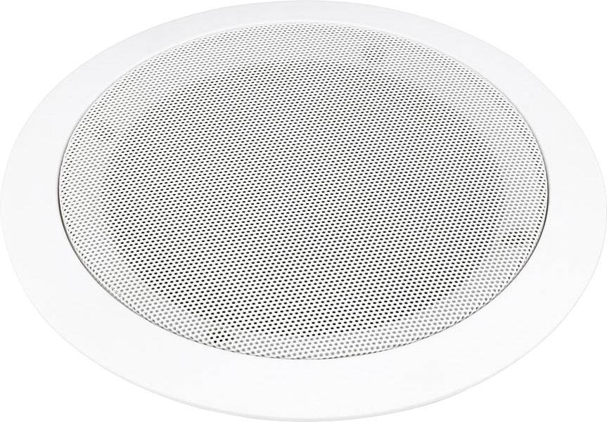 Haut-parleur de plafond rond avec cadre blanc et grille fine, adapté à une distribution sonore discrète dans la pièce.