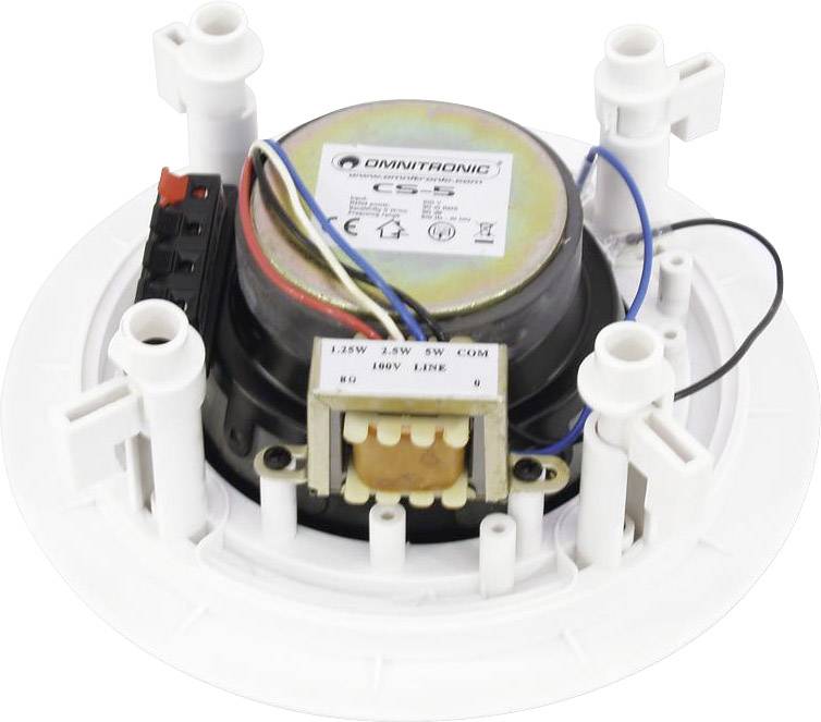 Un haut-parleur de plafond blanc avec un aimant visible et des connexions de câbles, adapté pour l'installation dans des systèmes audio commerciaux.