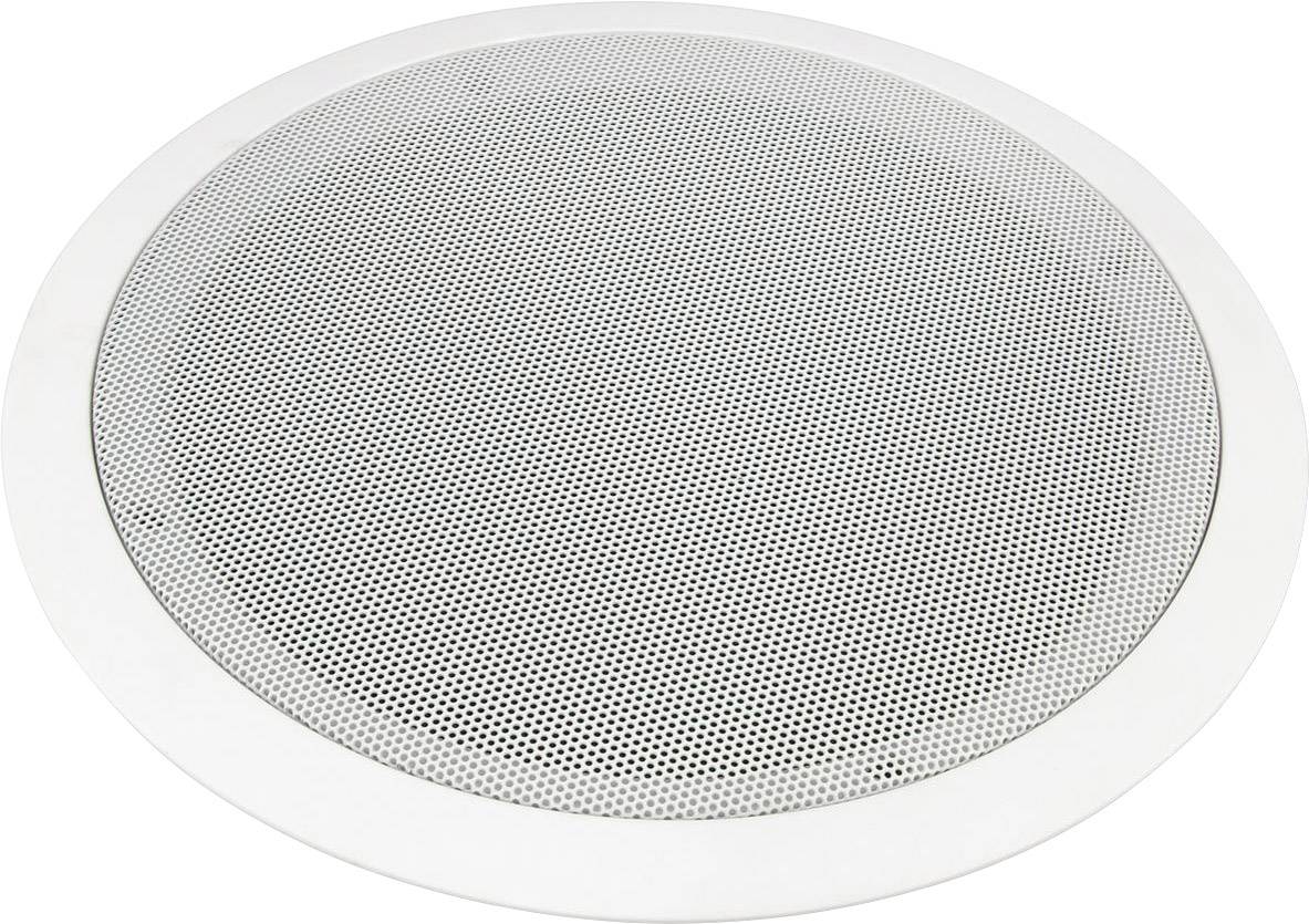 Haut-parleur de plafond rond avec bordure blanche et grille argentée, adapté pour une utilisation dans des espaces publics ou privés.