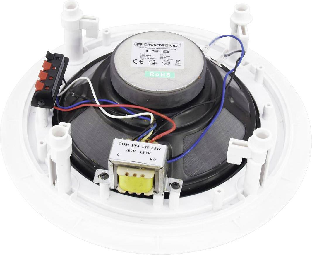 Haut-parleur de plafond avec câblage apparent et transformateur, monté sur un support circulaire blanc.