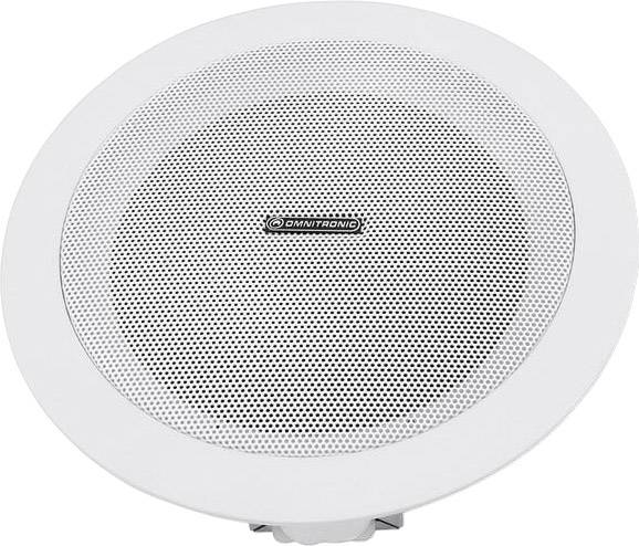 Haut-parleur de plafond rond de la marque Omnitronic, blanc, avec logo central, adapté à l'intégration dans des plafonds suspendus.