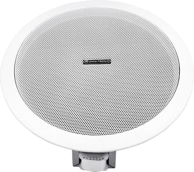 Haut-parleur de plafond rond en blanc avec une grille fine et uniforme. Nom de marque au centre. Adapté pour une installation au plafond.
