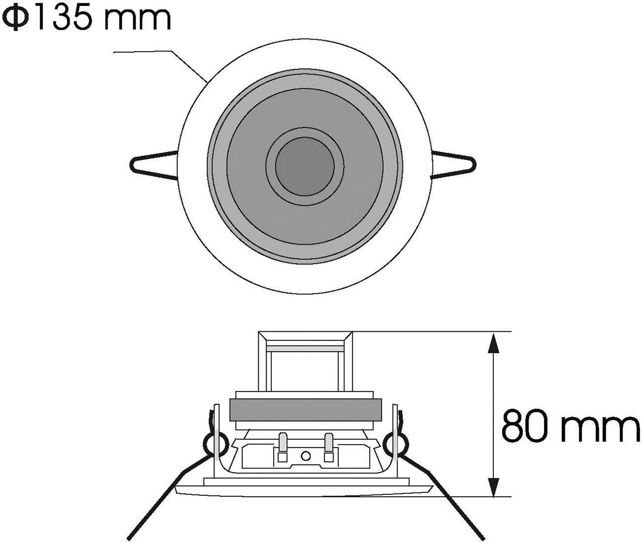 Le dessin représente un haut-parleur rond d'un diamètre de 135 mm et d'une profondeur de 80 mm.