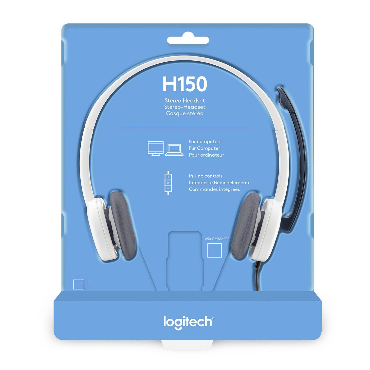 Casque stéréo Logitech H150 en blanc et gris. Il est équipé d'une commande en ligne et d'un microphone intégré.