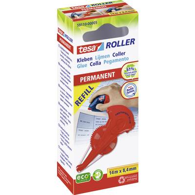 'Dévidoir de ruban adhésif Tesa Roller Permanent : Rechargeable, 14m x 8,4mm, 61% de plastique recyclé, EcoLogo. Illustration d'une main utilisant le dévidoir.'