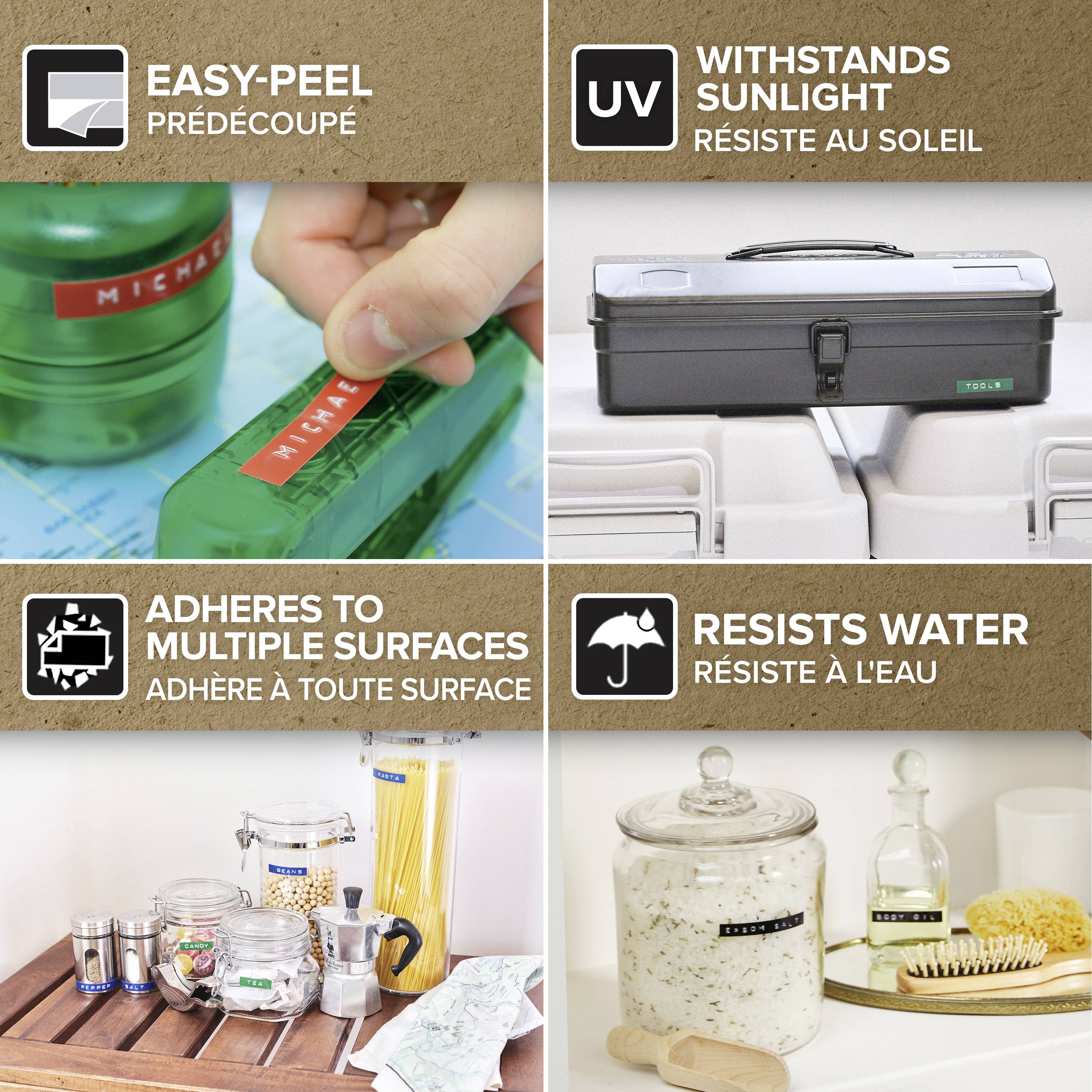 L'image présente une mise en page avec quatre quadrants qui démontrent les applications polyvalentes d'un film : 'Décollement facile', 'Résistant aux UV', 'Adapté à toutes les surfaces', 'Imperméable'.