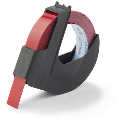 Un boîtier de cassette noir contient une bande en plastique rouge, partiellement déroulée, adaptée aux étiqueteuses Dymo.
