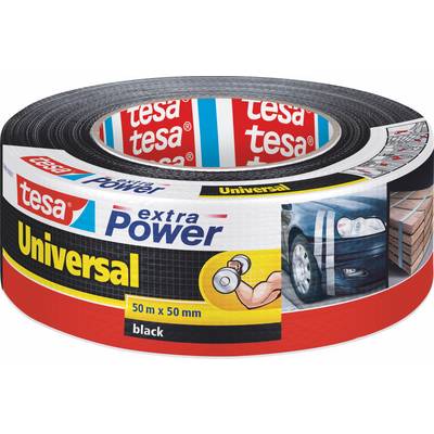 Rouleau de ruban adhésif universel tesa extra Power noir, étiqueté 50 m x 50 mm, avec des images de voiture et de mur de briques sur l'emballage.