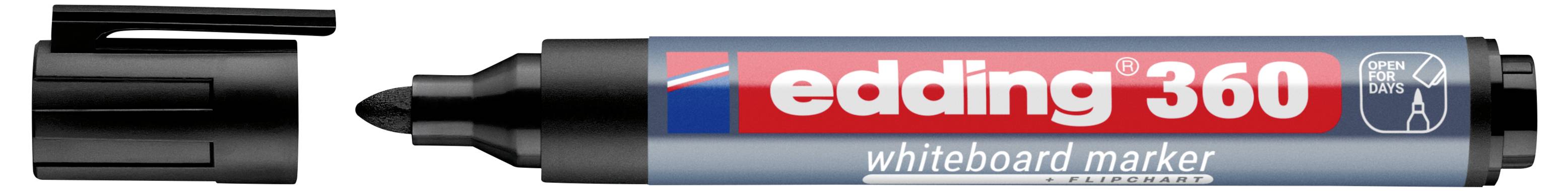 Marqueur pour tableau blanc Edding 360 avec capuchon noir, présenté avec et sans capuchon pour montrer la pointe biseautée.