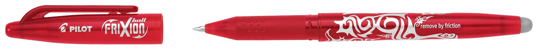 Stylo à bille rouge portant l'inscription 'Pilot Frixion Ball'. Capuchon et pointe visibles, stylo effaçable avec gomme intégrée.