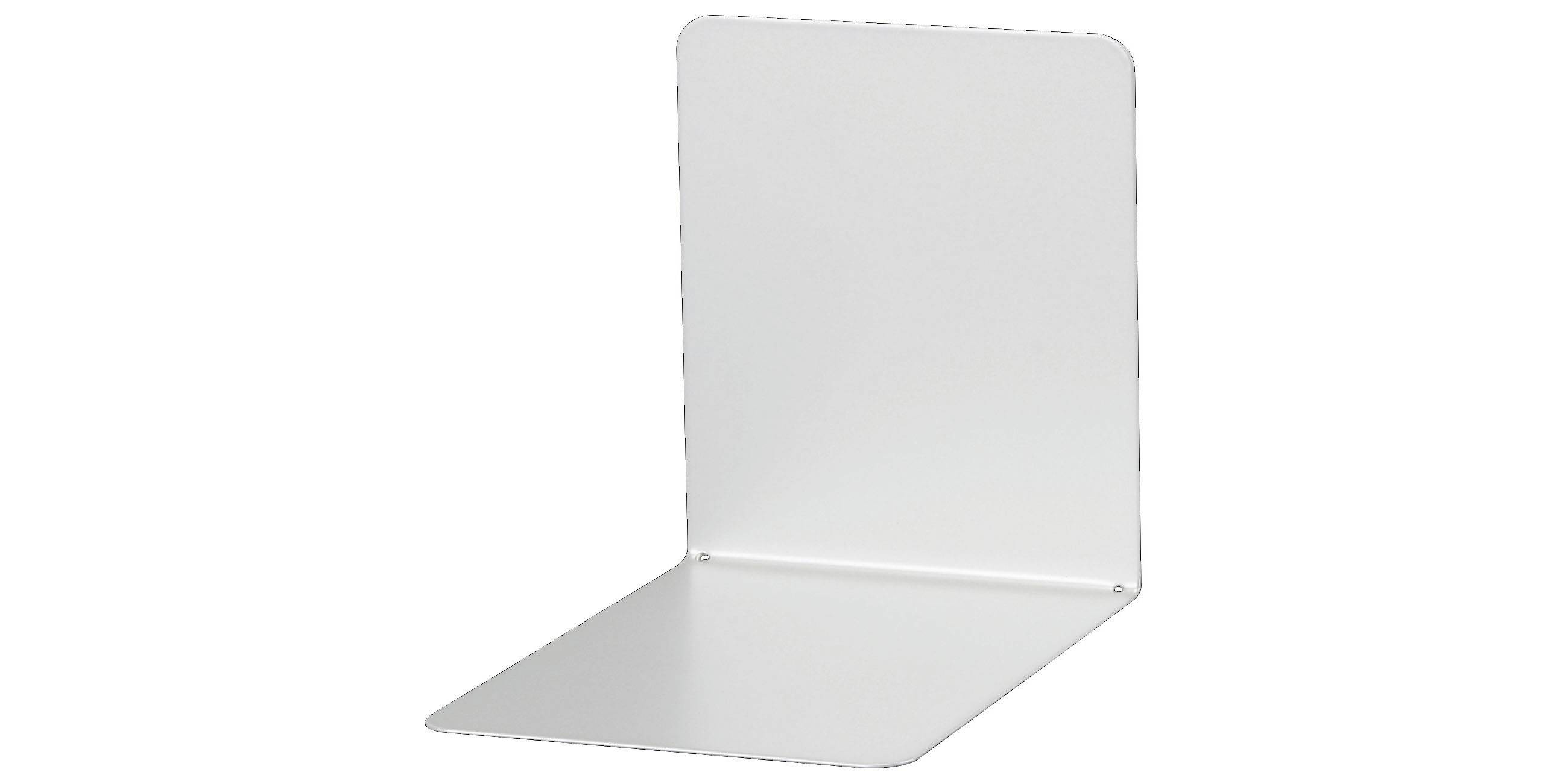 Support en métal blanc en forme de L, avec une plaque arrière verticale et une base plate, sur fond uni.