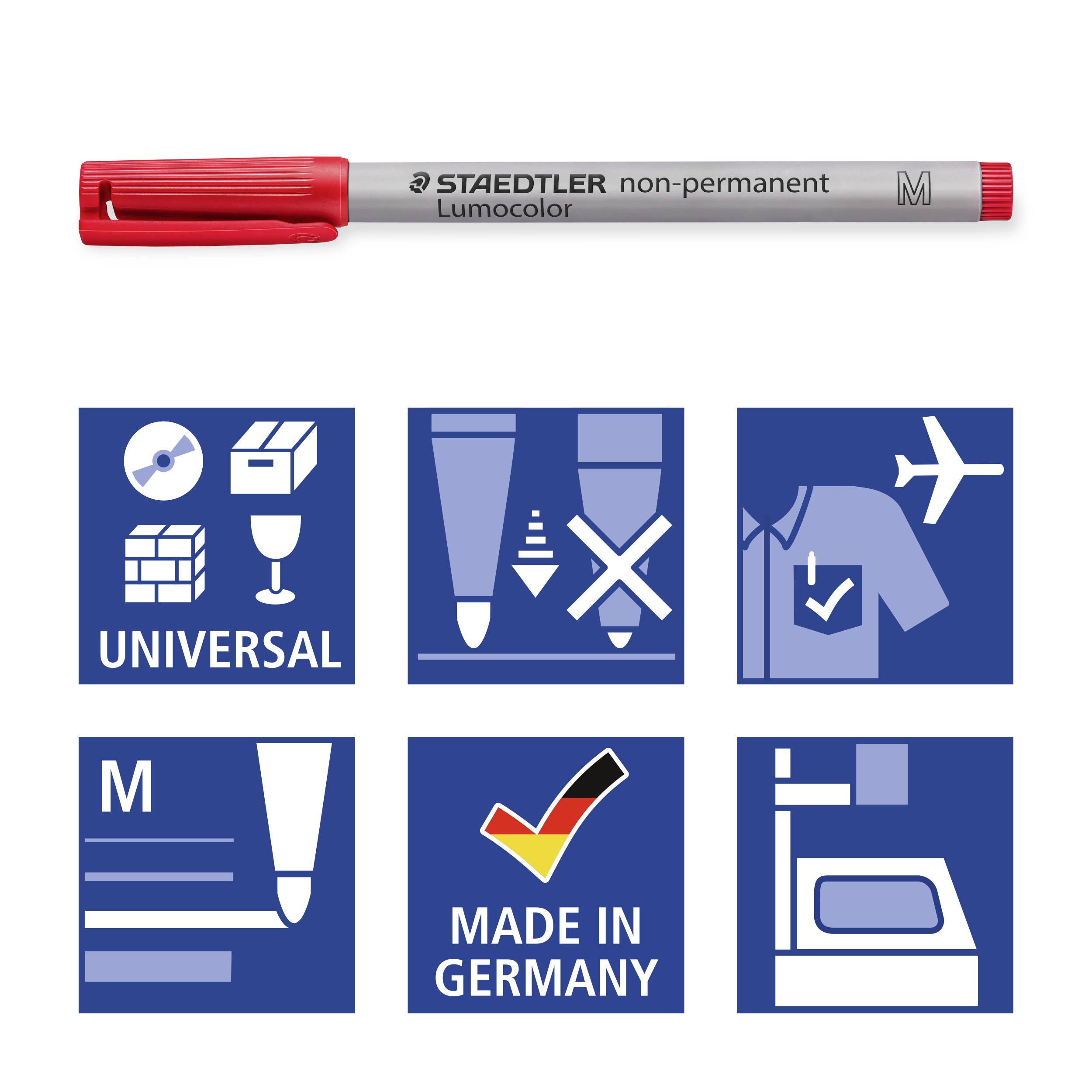 Marqueur non permanent rouge de STAEDTLER 'Lumocolor'. Les symboles indiquent les applications : universel, vol sécurisé, produit en Allemagne.