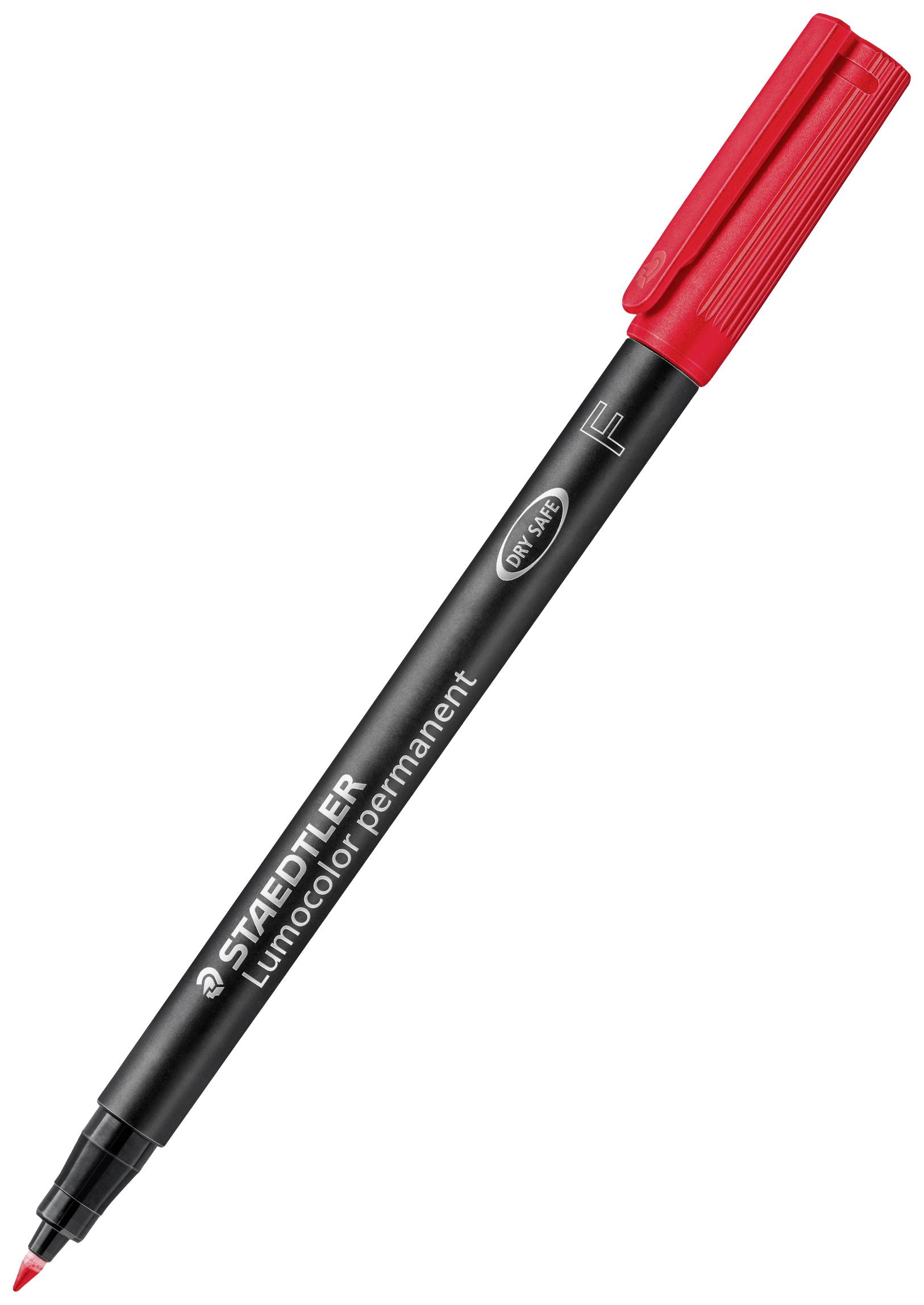 Un marqueur permanent noir de la marque Staedtler avec un capuchon et une pointe rouges, adapté pour écrire de manière permanente sur différentes surfaces.