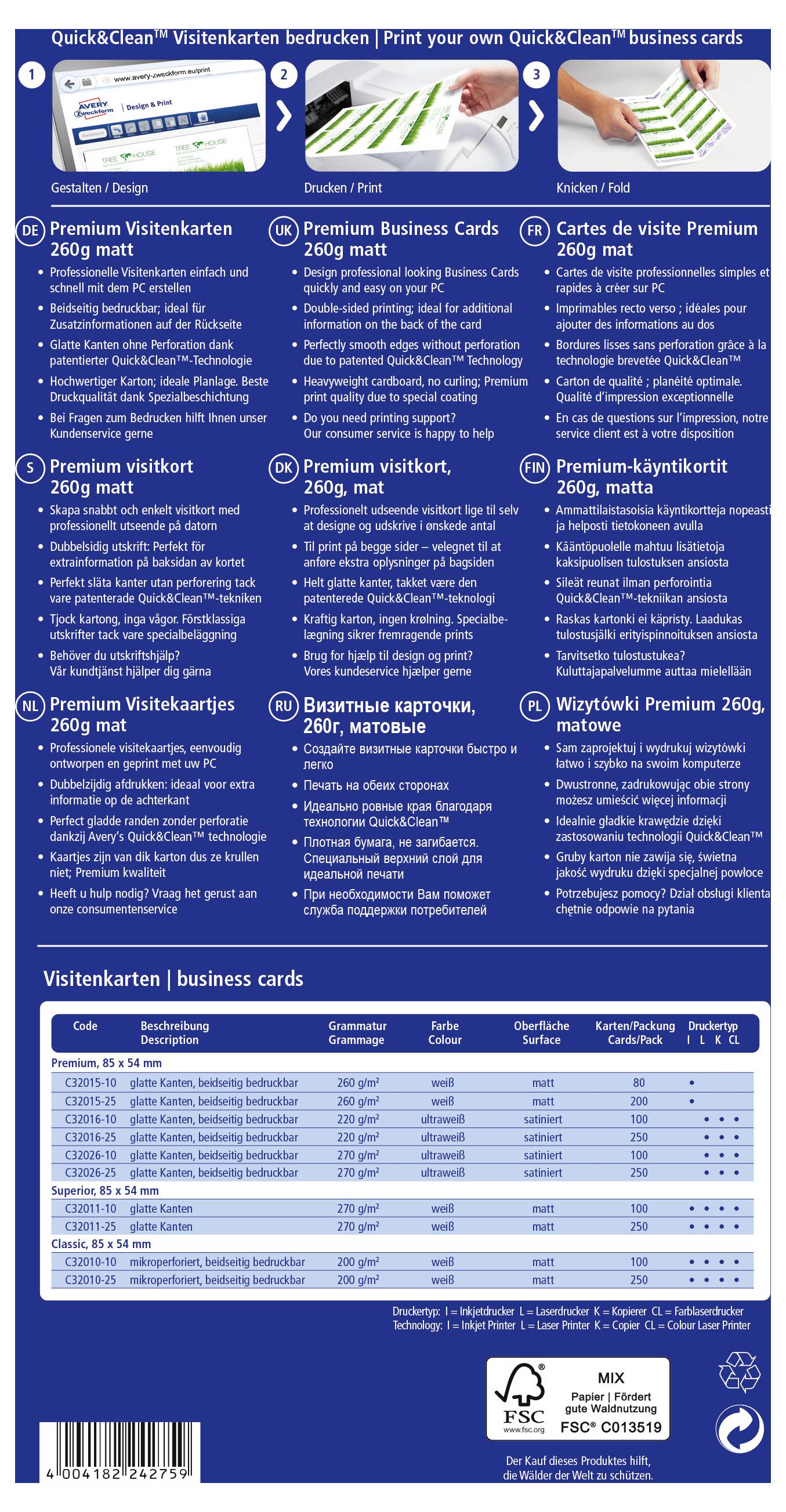 Guide d'impression de cartes de visite QuickClean présentant les types de cartes, les options premium, les caractéristiques et un tableau taille/prix avec code-barres en bas.