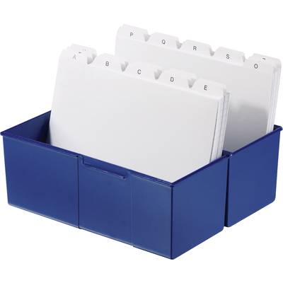 Boîte de fiches bleue avec des intercalaires alphabétiques de A à O, permettant un tri organisé et un accès rapide aux informations.