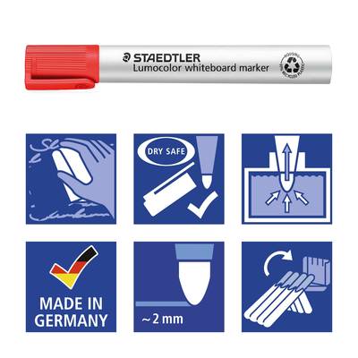 Stylo rouge STAEDTLER pour tableaux blancs. Caractéristiques : résistant au séchage, largeur de trait d'environ 2 mm, fabriqué en Allemagne.