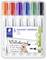 Six marqueurs blancs pour tableau blanc dans différentes couleurs avec l'inscription sur l'emballage 'Lumocolor whiteboard marker', idéaux pour tableaux blancs.