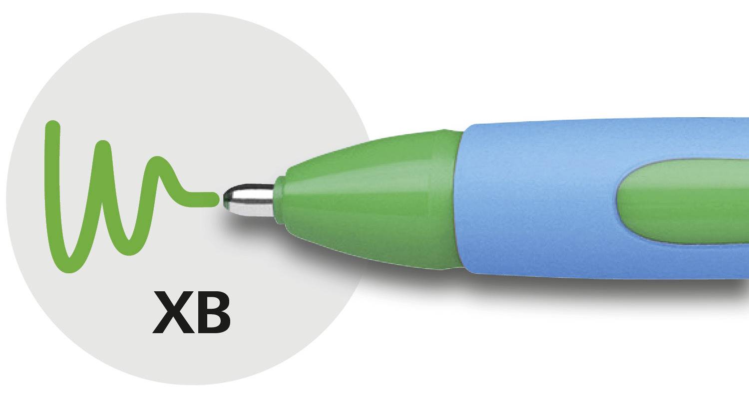 Un stylo bleu-vert trace une ligne verte sur un cercle blanc. En dessous est inscrit 'XB'.