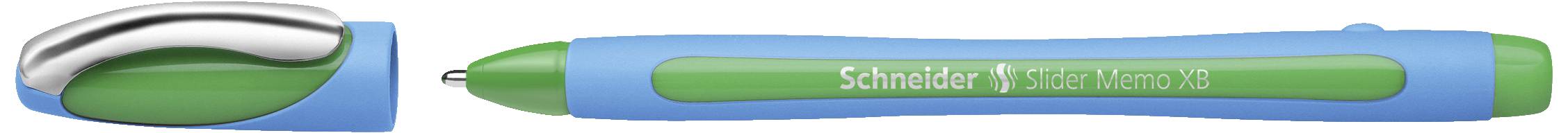 Un stylo à bille bleu et vert avec un capuchon amovible, le nom de marque 'Schneider Xpress' sur le côté du stylo.