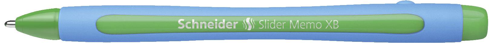 Un stylo-bille bleu et vert portant l'inscription « Schneider Slider Memo XB ».
