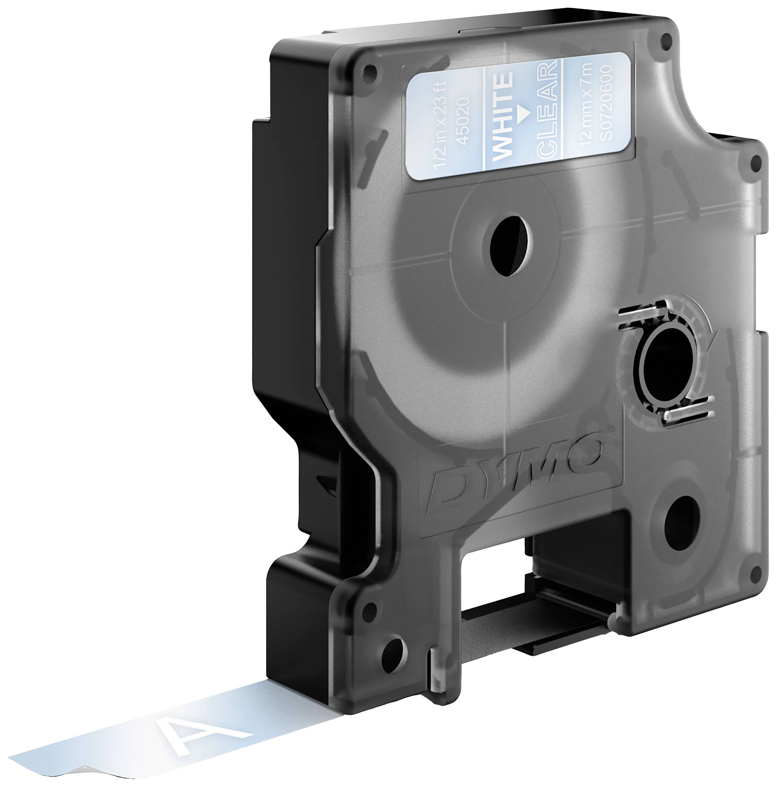 Support de cassette d'étiquettes DYMO noir avec un ruban d'étiquettes blanc imprimé avec la lettre 'A'. Conçu pour les imprimantes d'étiquettes.