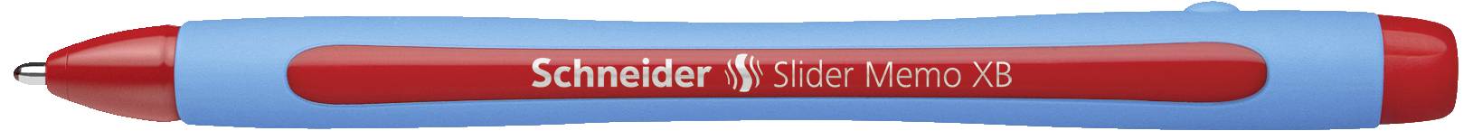 Stylo bleu et rouge portant l'inscription 'Schneider Slider Memo XB' sur le côté rouge.