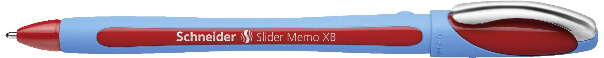 Stylo à bille bleu et rouge, marque 'Schneider Slider Memo XB', avec poignée ergonomique et pointe de clip couleur argent.