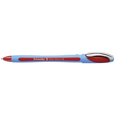 Stylo à bille bleu et rouge, marque 'Schneider Slider Memo XB', avec poignée ergonomique et pointe de clip couleur argent.