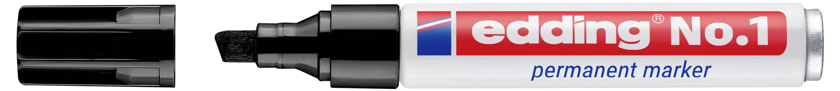 Stylo marqueur permanent Edding No.1 avec capuchon et pointe noirs, présenté dans son emballage produit.
