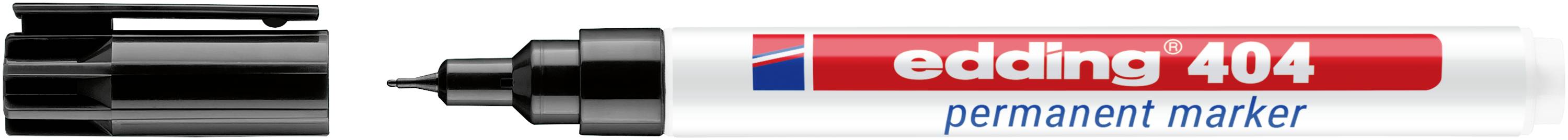 Un stylo marqueur permanent Edding 404 rouge et blanc avec un capuchon noir et une pointe noire.