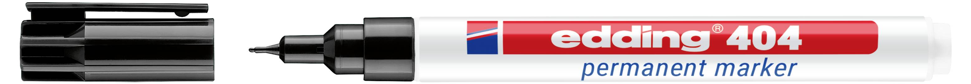 Un marqueur permanent Edding 404 avec le capuchon retiré, montrant la pointe de ciseau noire et l'étiquette du fût rouge et blanc.