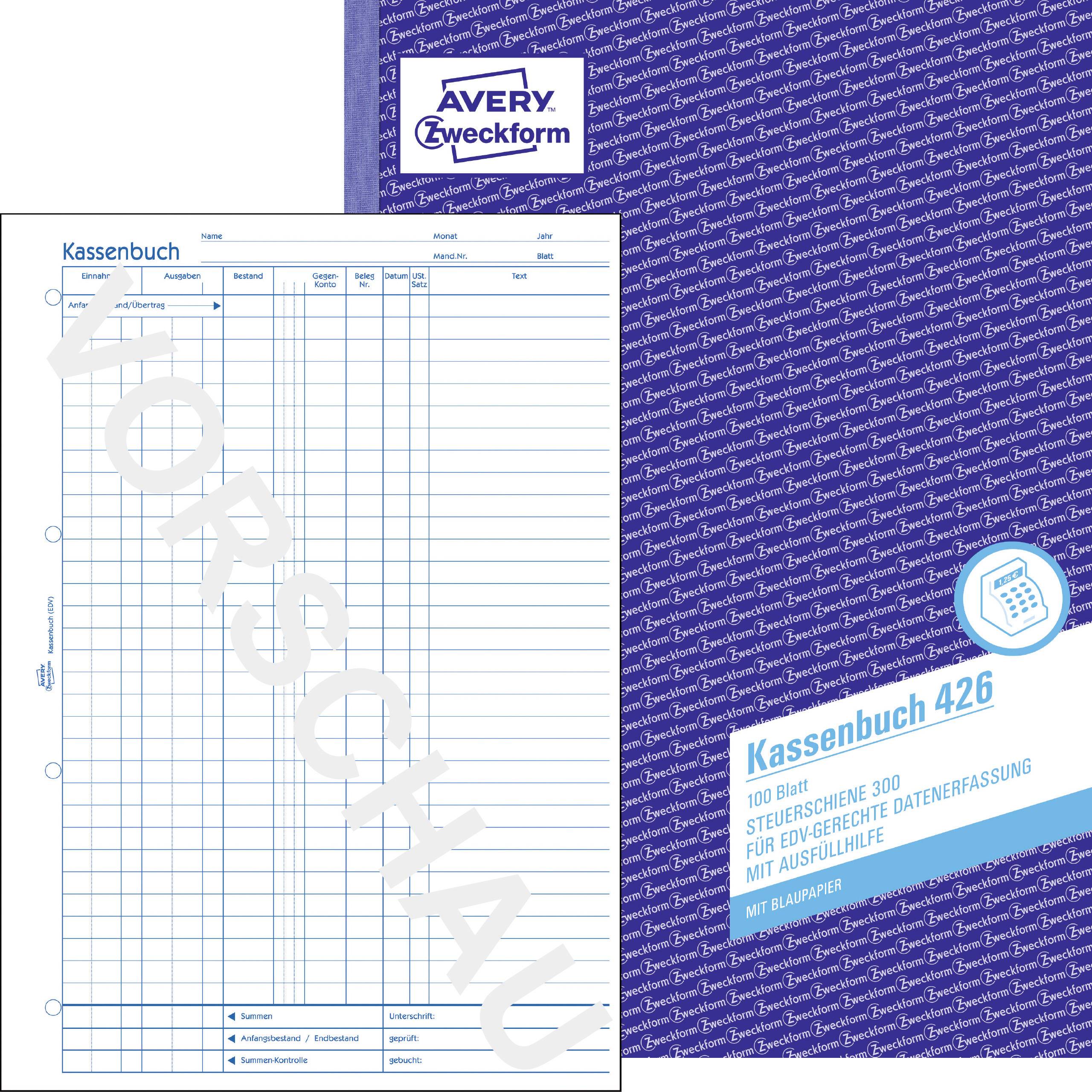 'Livre de caisse 426' avec 100 feuilles, format conforme aux exigences fiscales, quadrillé bleu. Logo Avery Zweckform en haut à droite sur l'emballage.