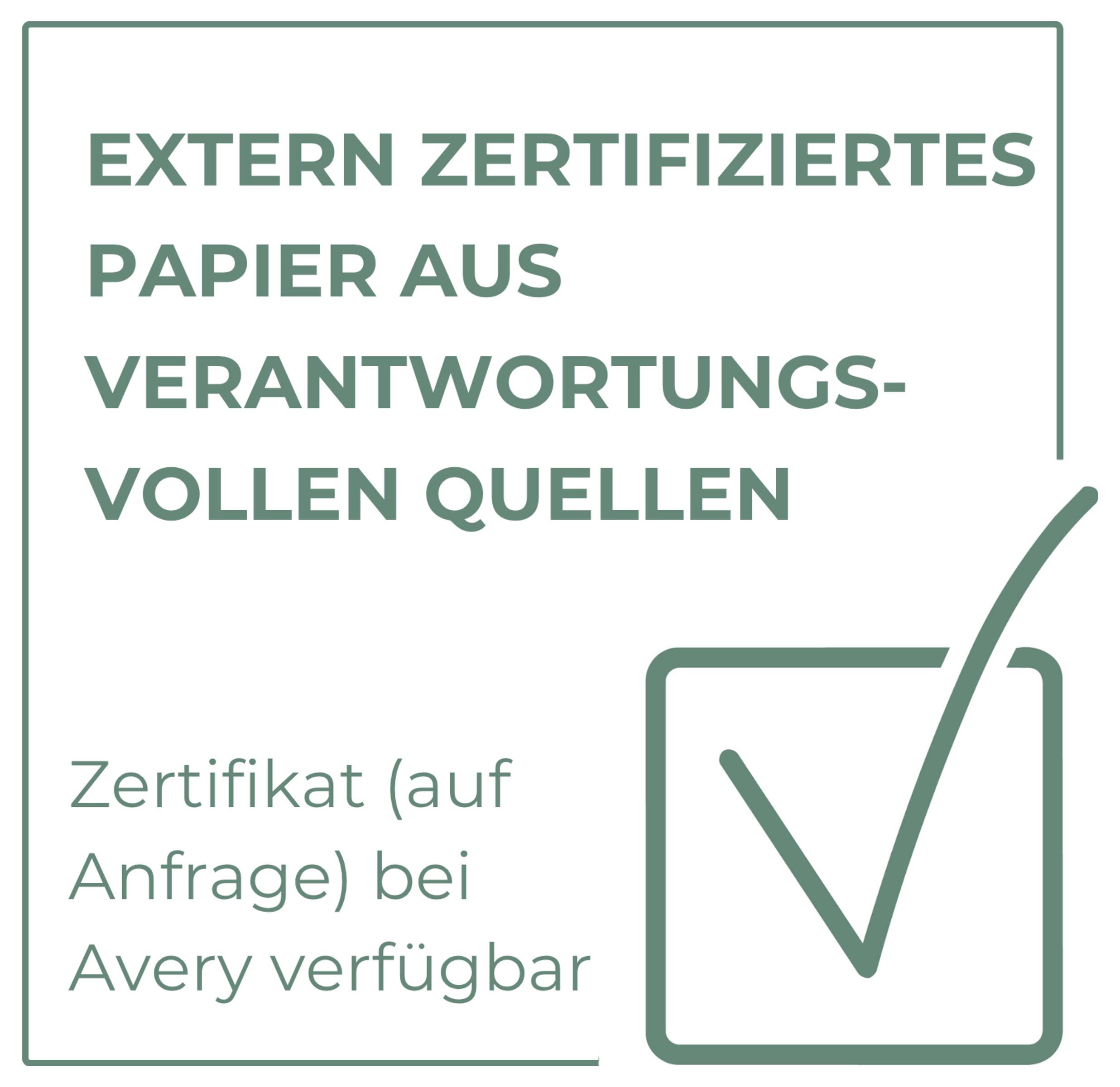 Graphique informatif : « Papier certifié en externe provenant de sources responsables » ; Certificat disponible sur demande chez Avery, avec symbole de coche.