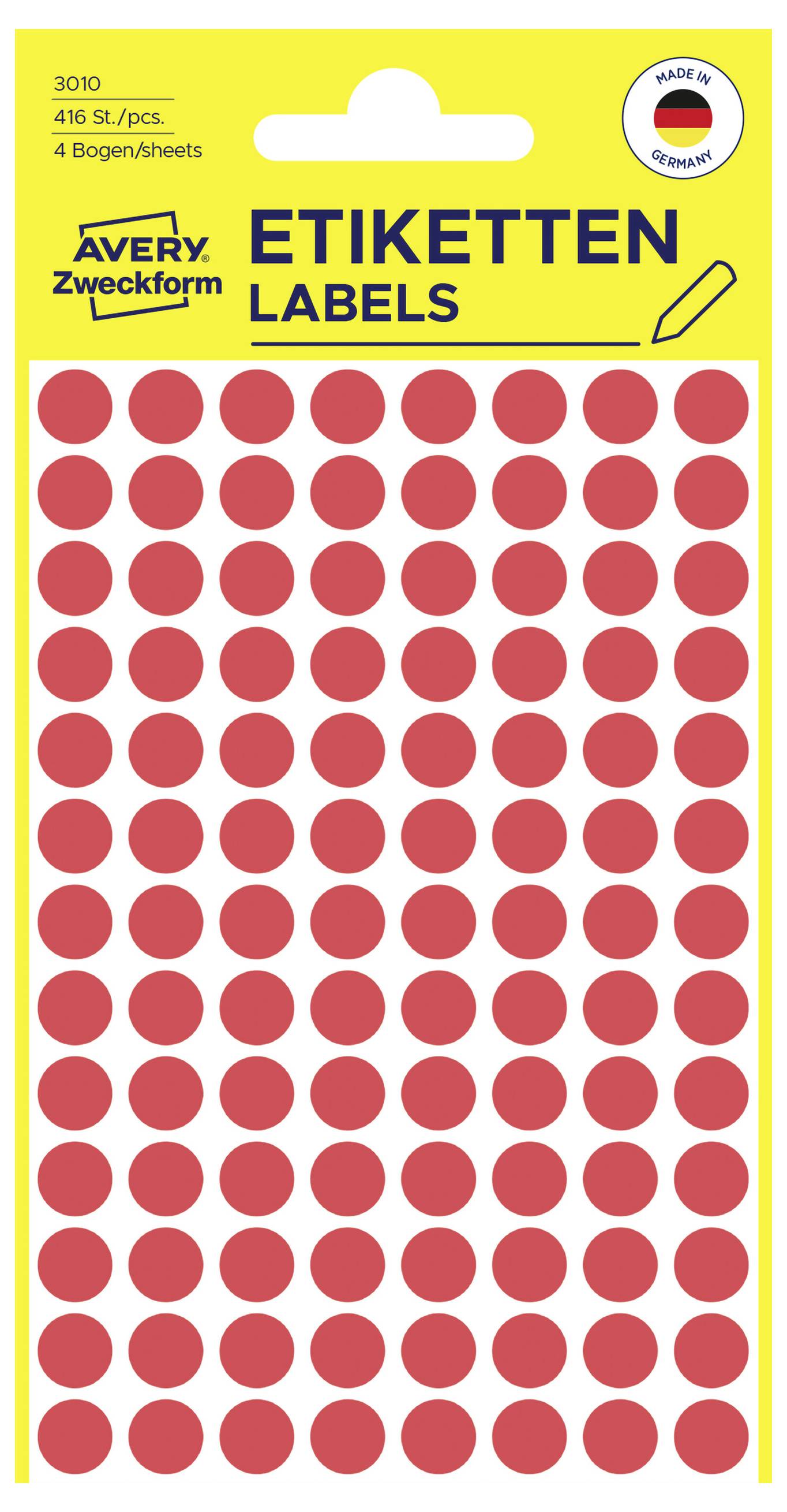 Paquet d'étiquettes rondes rouges Avery Zweckform, 416 autocollants sur 4 feuilles, pour le marquage et l'organisation.