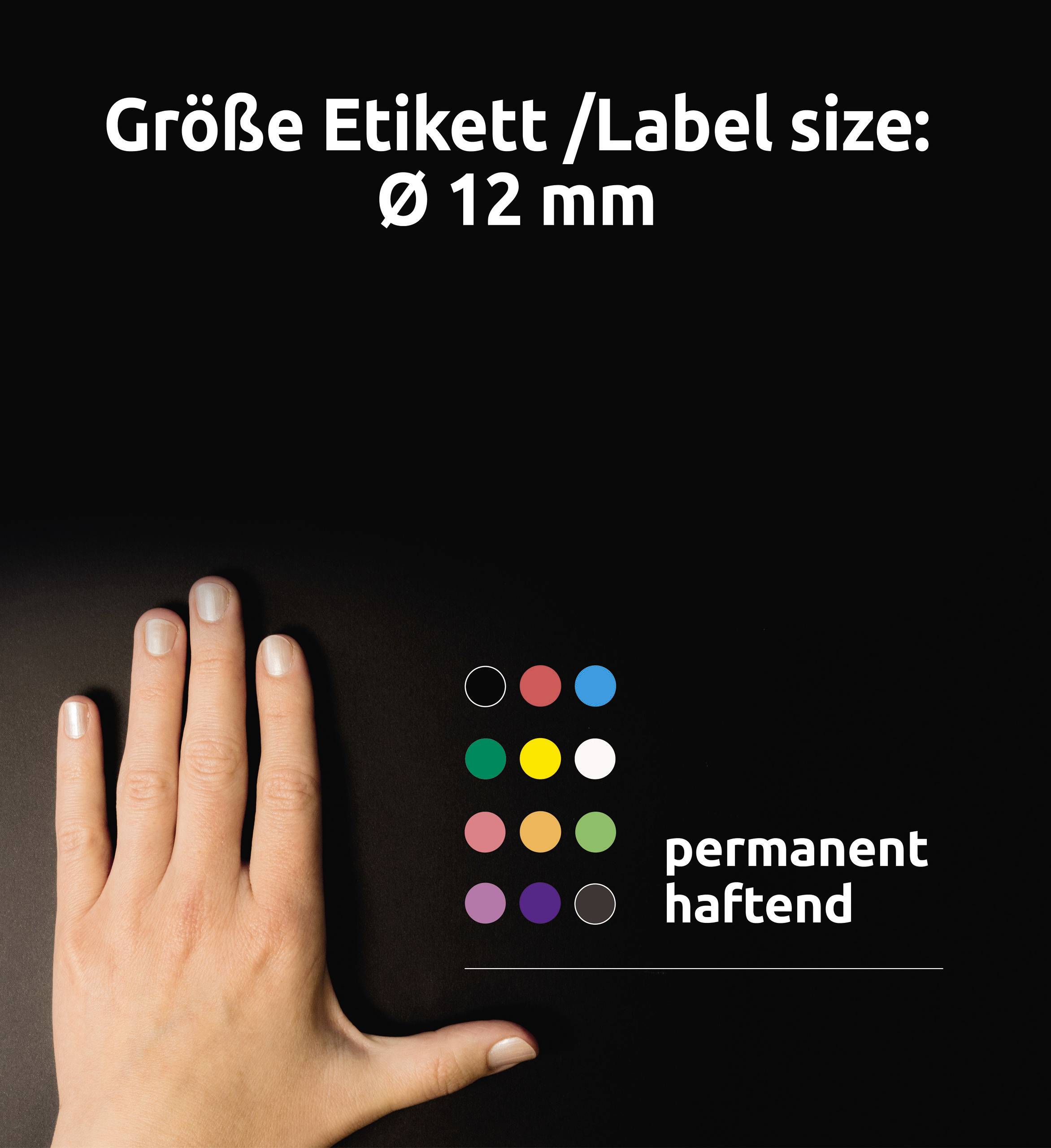 'Taille d'étiquette/Taille de l'étiquette : Ø 12 mm, adhésif permanent.' Une main pointe vers des points d'étiquettes multicolores et codés par couleur sur un fond noir.