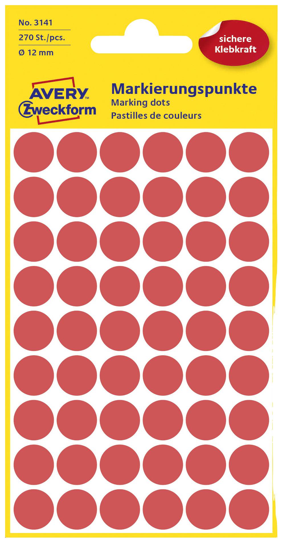 Emballage jaune avec 54 points de marquage rouges, logo Avery Zweckform et texte 'adhérence sécurisée'.