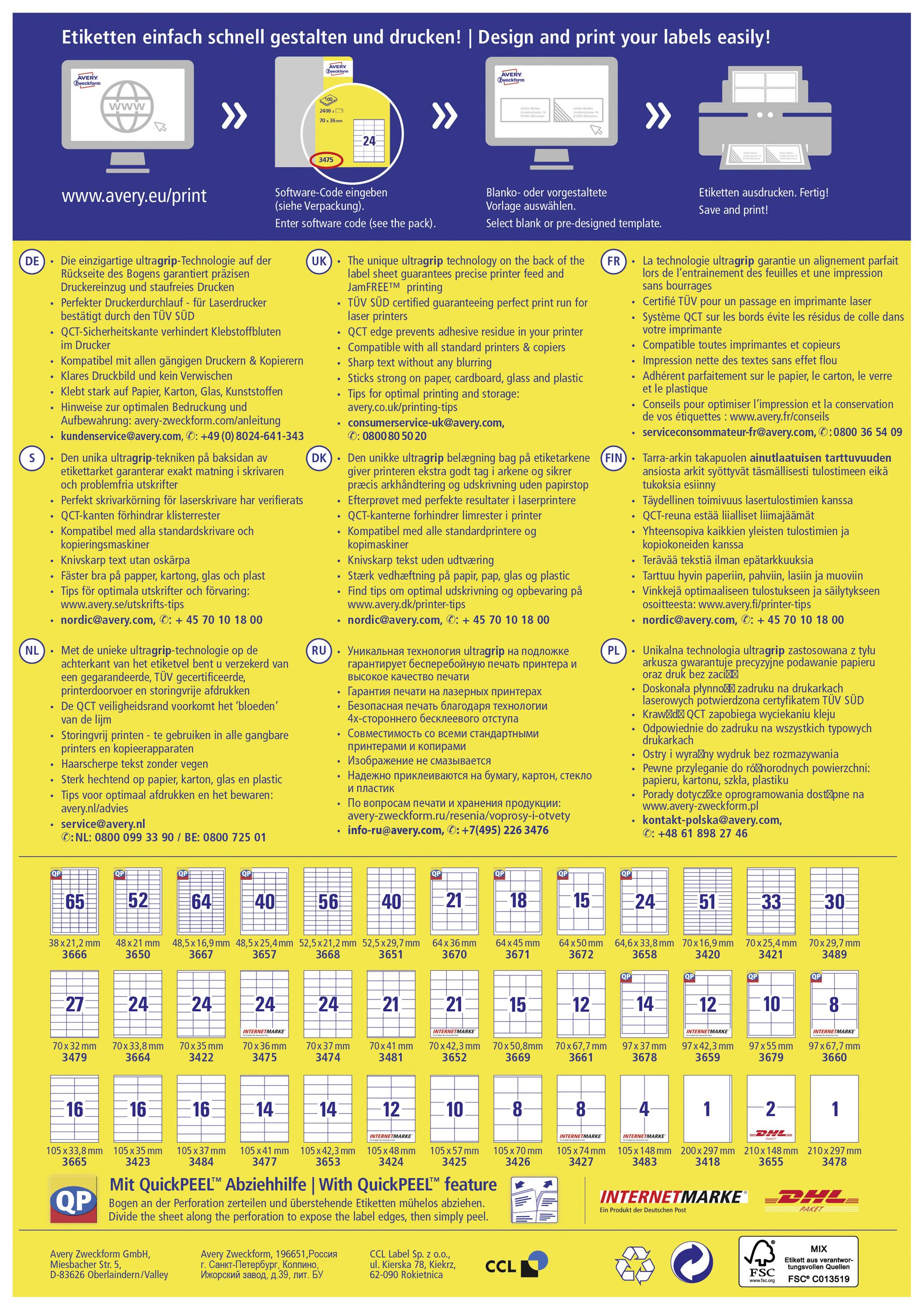 Description d'une carte postale publicitaire d'Avery pour un produit QuickPEEL. La moitié supérieure présente les avantages et les conseils d'utilisation, la moitié inférieure montre des exemples d'étiquettes avec des numéros d'autocollants.