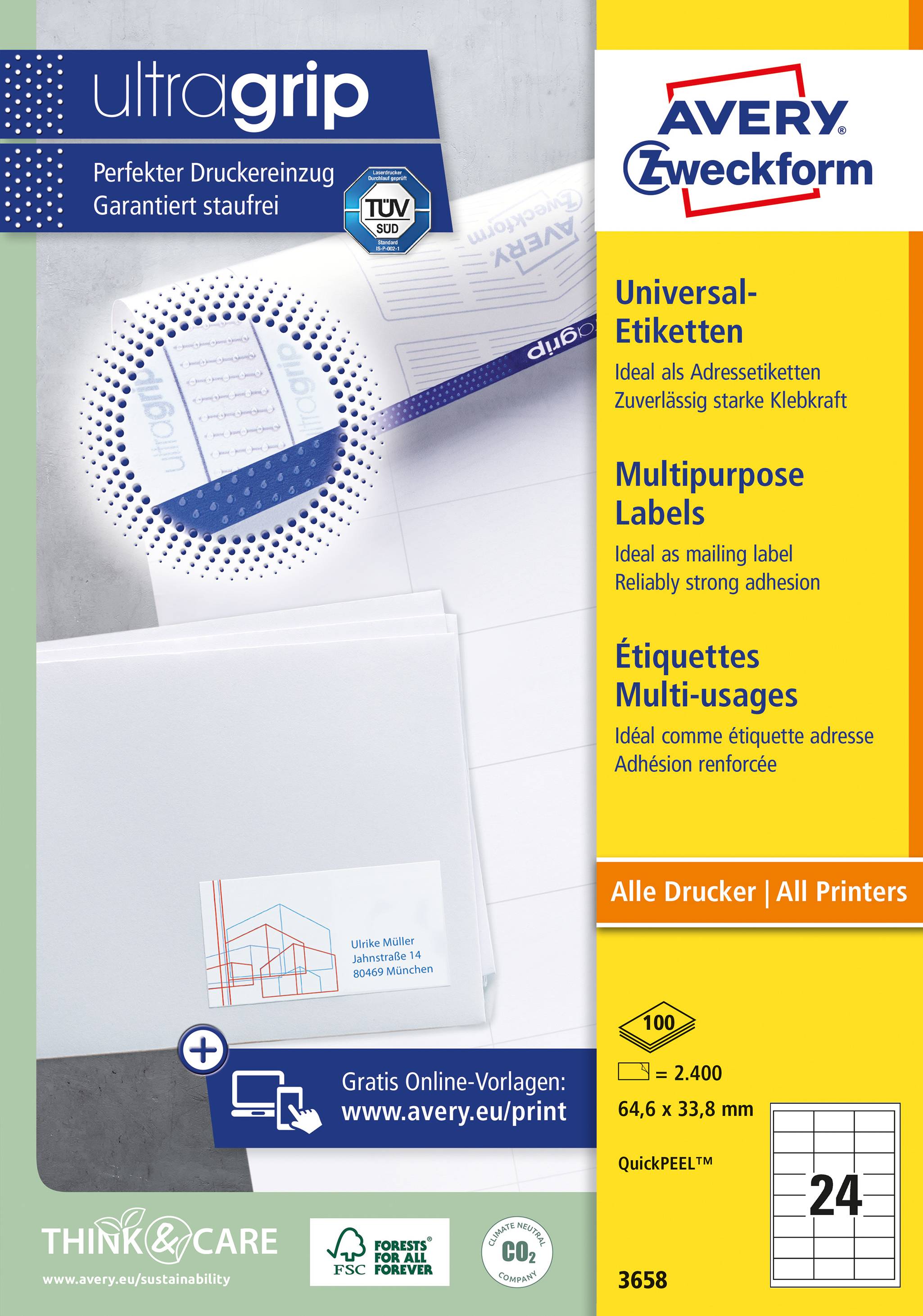 Emballage Avery Zweckform Étiquettes universelles. Description multilingue, format 64,6 x 33,8 mm, 2400 étiquettes, convient à tous types d'imprimantes.