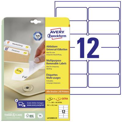 Étiquettes universelles repositionnables sur emballage. Contient 12 étiquettes par feuille. Compatibles avec tous les types d'imprimantes. Fabriquées par Avery Zweckform.