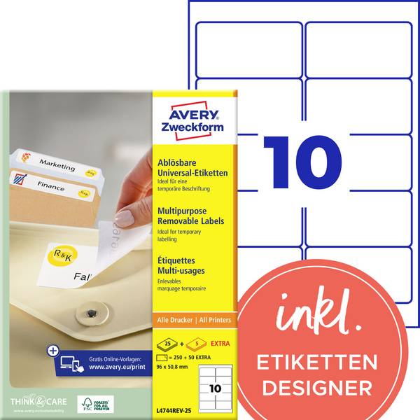 Etiquette universelles Avery-Zweckform L4744REV-25 96 x 50.8 mm papier blanc 300 pc(s) décollable
