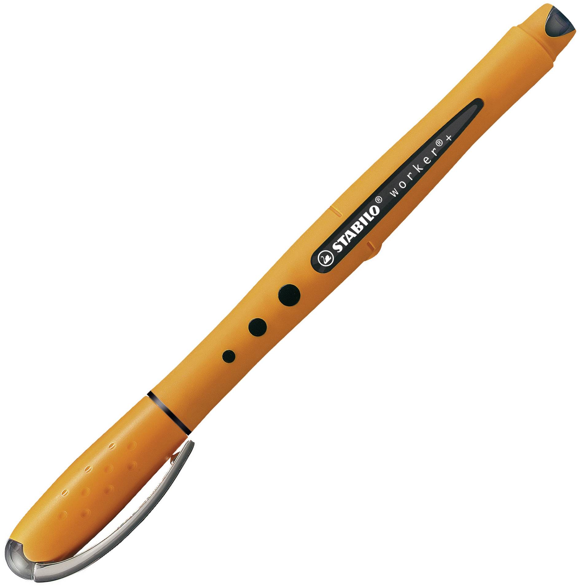Stylo orange à poignée ergonomique avec inscription noire 'Stabilo Worker+'.