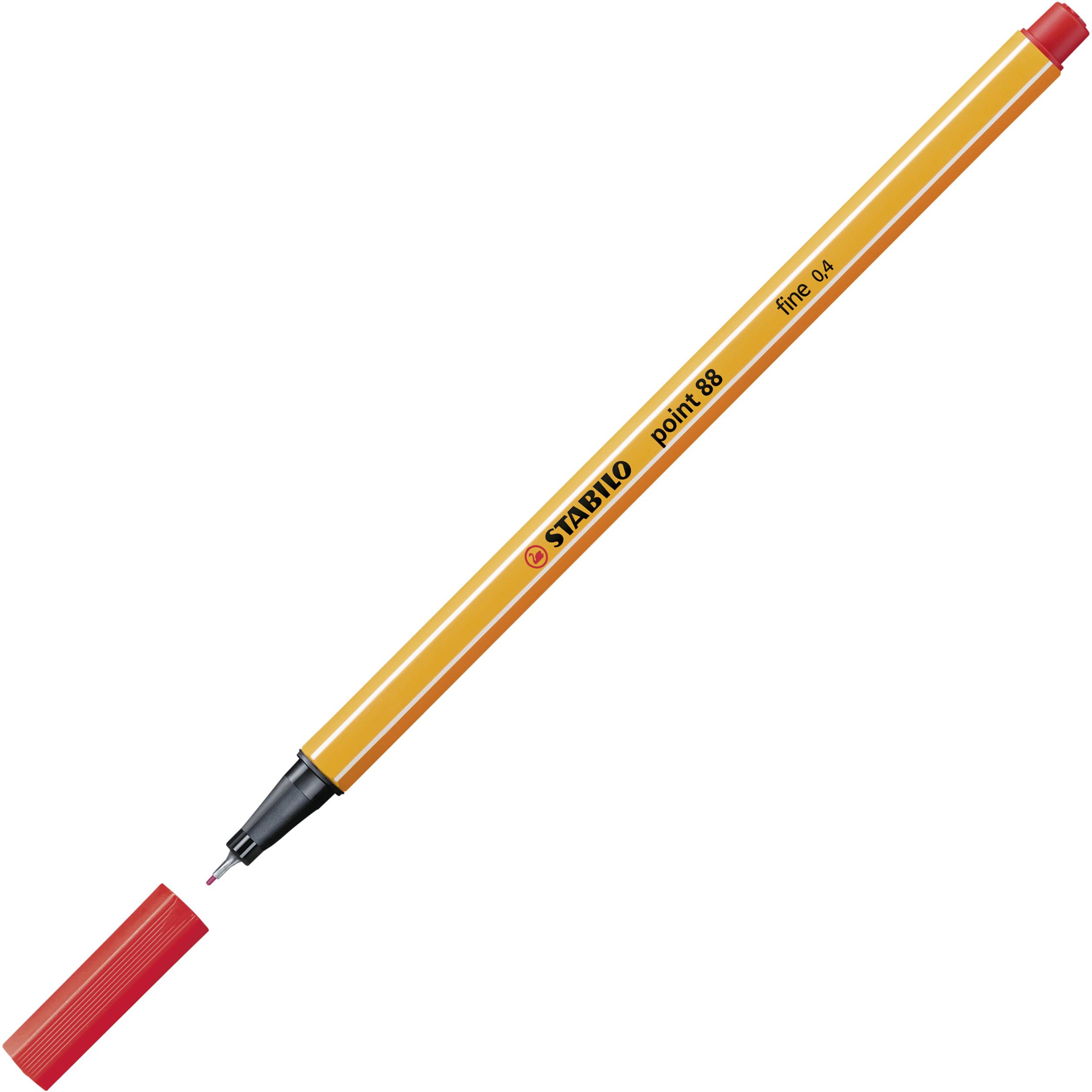 Un stylo-feutre Stabilo orange avec un capuchon rouge, séparé du corps du stylo, montre sa pointe noire.