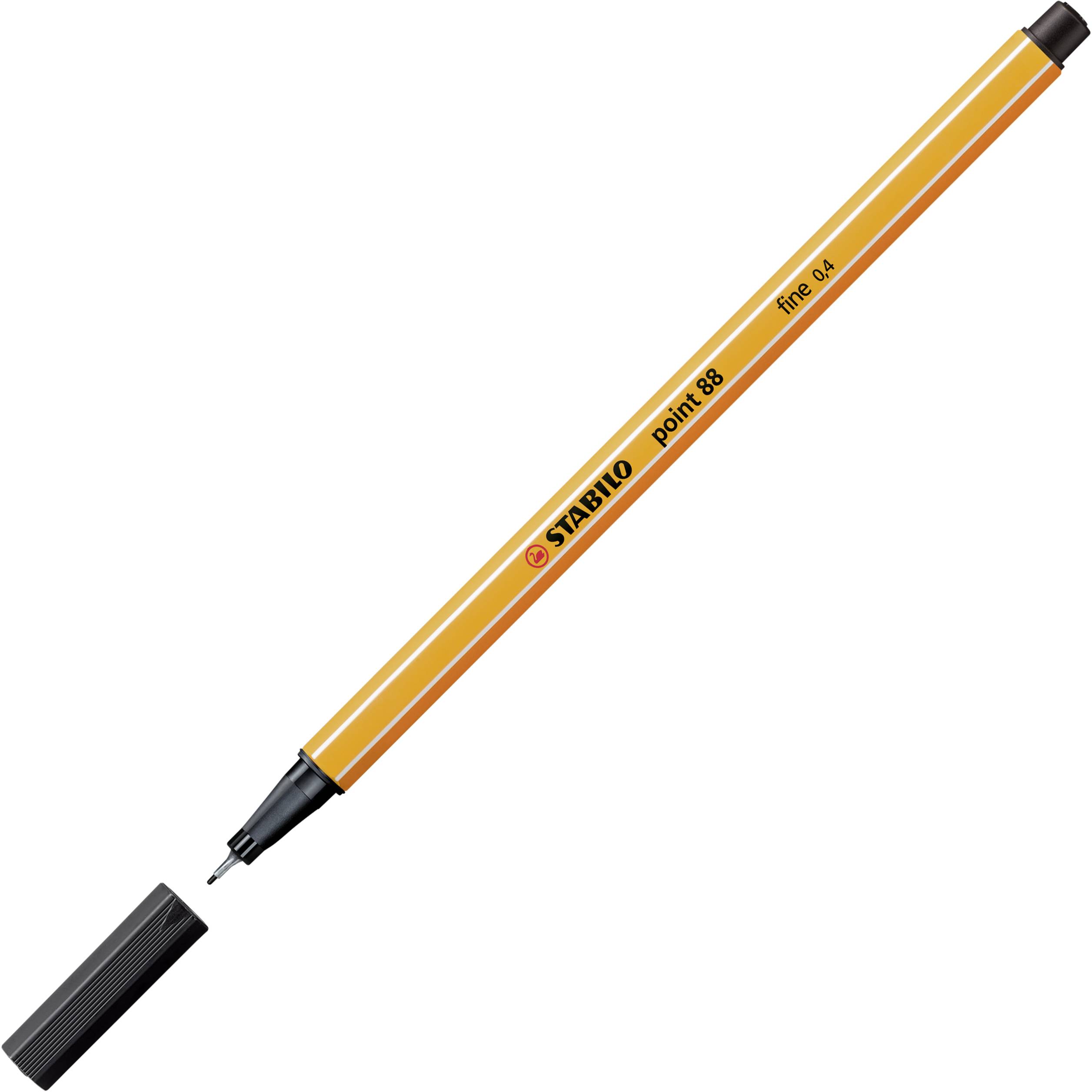 Stylo-feutre orange avec capuchon noir, marque Stabilo point 88, pointe fine 0,4 mm, capuchon retiré et posé à côté.