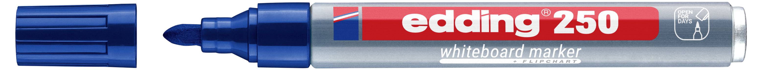 Marqueur blanc pour tableau blanc Edding 250 bleu avec capuchon retiré, montrant la pointe et l'étiquette de marque rouge et blanche sur le corps.
