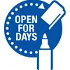 Un cercle bleu portant le texte 'OPEN FOR DAYS' avec un marqueur ouvert, symbolisant la longévité et l'ouverture permanente.