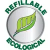 'Écologique Rechargeable' entourant une feuille verte dans un cercle. Symbolise des produits écologiques et rechargeables.