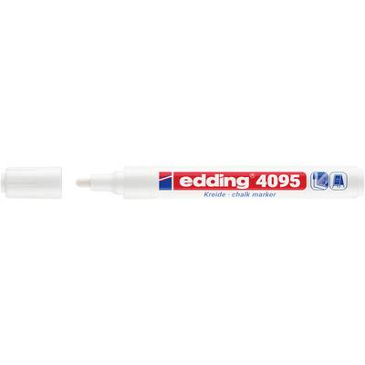Marqueur craie Edding 4095 blanc avec pointe large en biseau et bouchon visible, étiqueté pour l'écriture sur le verre et autres surfaces non poreuses.