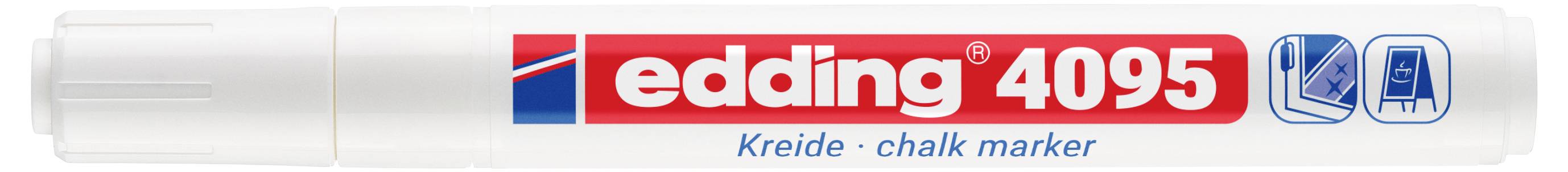 Marqueur craie Edding 4095 blanc avec étiquette rouge et capuchon bleu, présenté dans son emballage.