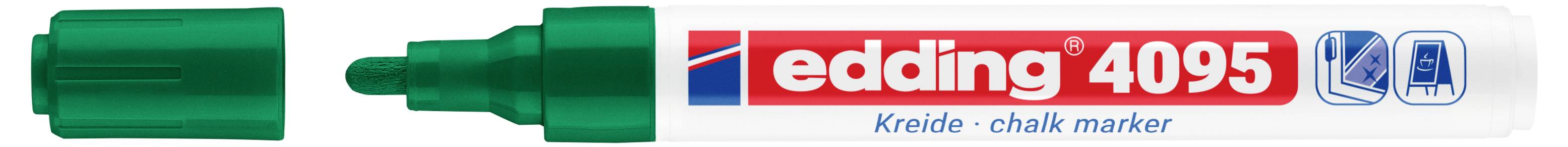 Marqueur Edding 4095 Craie avec pointe et capuchon verts sur un corps blanc.